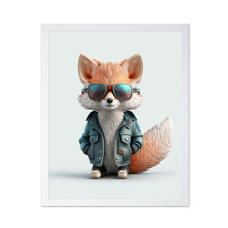 Bébé renard dans des lunettes de soleil No2, Poster, 12"H x 16"W, White Framed
