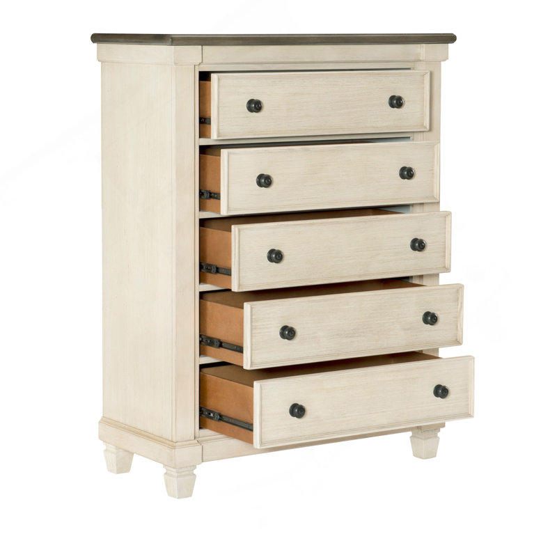 Meuble de chambre transitionnel style rustique 1pc de 5 tiroirs blanc antique et brun rosé