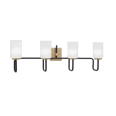 Barre d'éclairage de salle de bain 4 lumières Amarmula, noir mat et laiton vieilli, verre marbré blanc 4 po