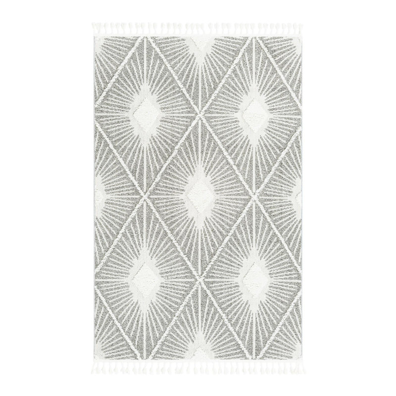 Tapis gris / ivoire en polyester tissé à la machine Jojean, Rectangle 4 pi 1 po x 6 pi 1 po