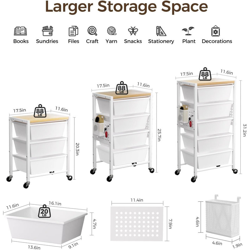 Chariot de rangement roulant à 5 tiroirs avec plateau en bois et panneaux perforés, organisateur mobile en métal avec roulettes pour le bureau, le salon, la salle de classe et l'organisation d'artisanat