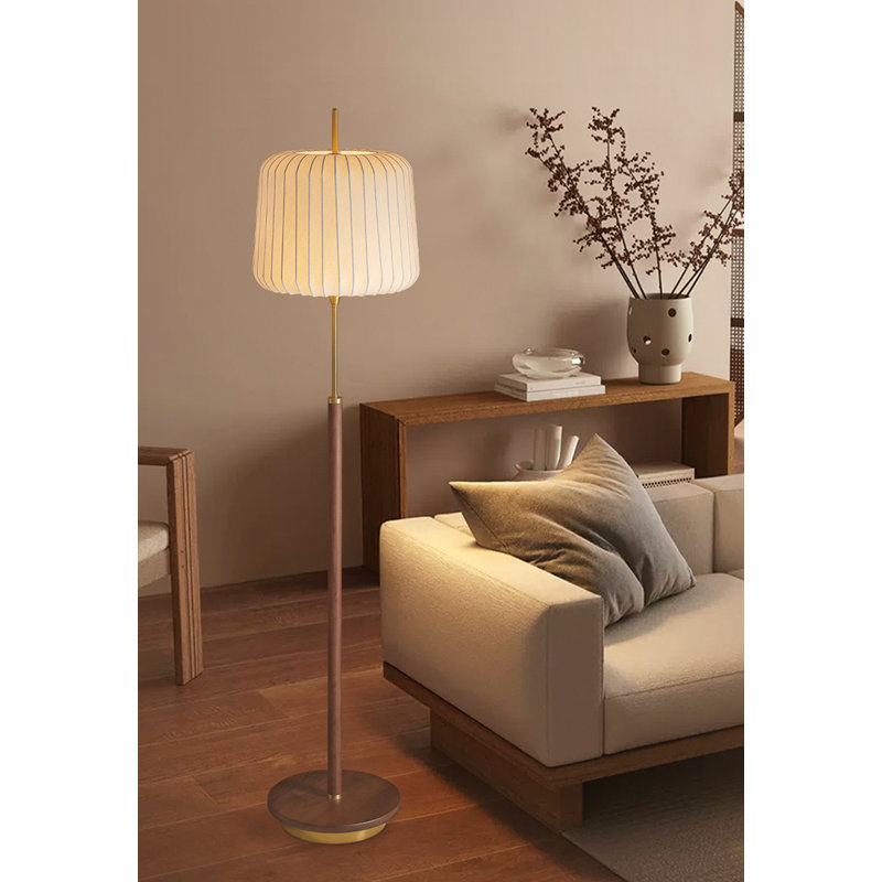 Lampe sur pied en noyer noir, laiton et soie de style rétro français