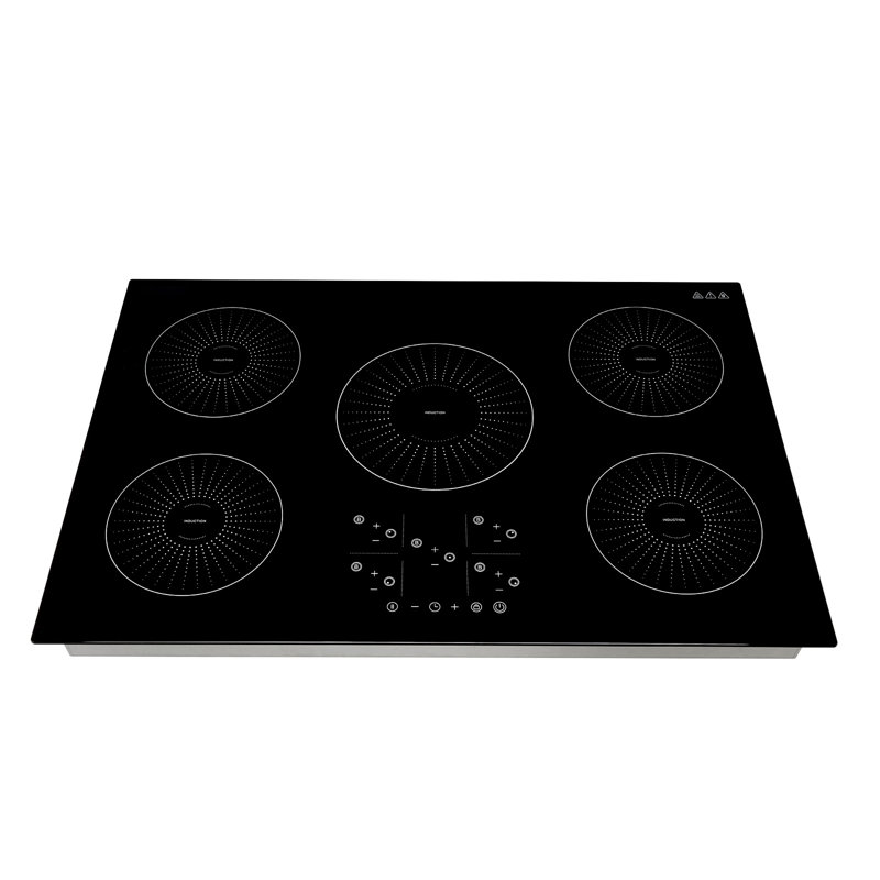 Plaque de cuisson à induction encastrée de 76 cm (30 pouces) avec 5 brûleurs, 220 V, 9 200 W, niveaux de chauffage réglables, commandes tactiles, surface vitrocéramique et verrouillage de sécurité.