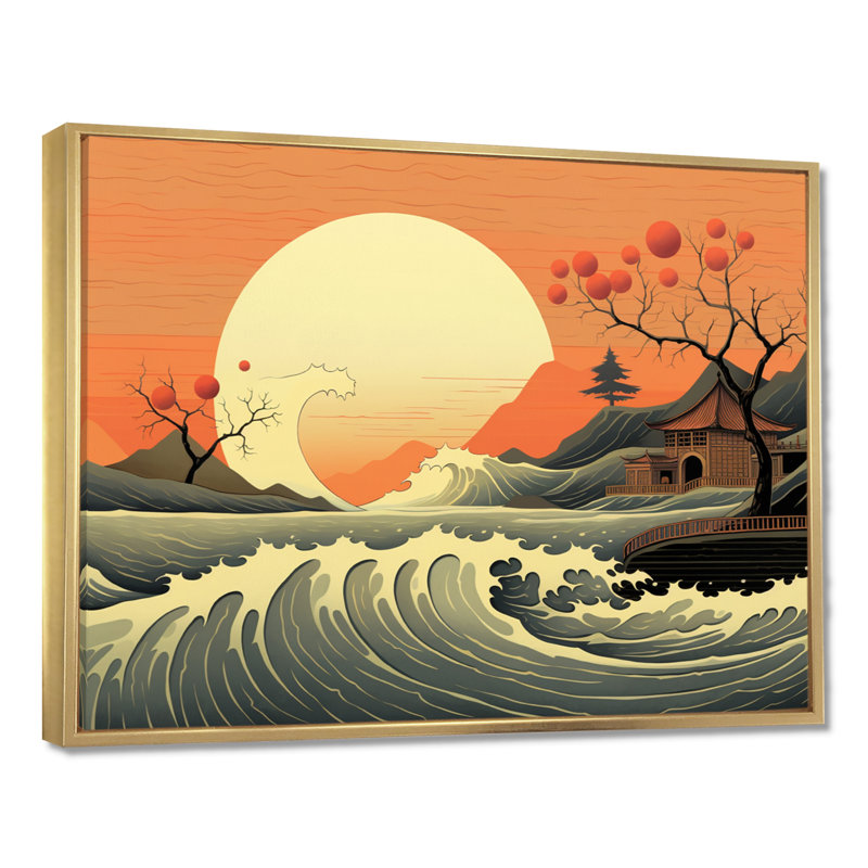 Fleurs de cerisier japonais pleine lune japonaise - paysage abstrait, art mural, Toile avec cadre flottant or