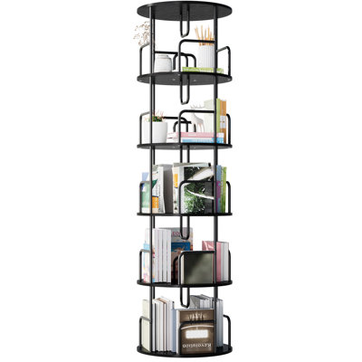 Organisateur de bibliothèque Spinning à 5 niveaux, 360 pièces de rangement rotatif pour le salon, tour de bibliothèque noire et en fer, finition élégante de l'organisateur