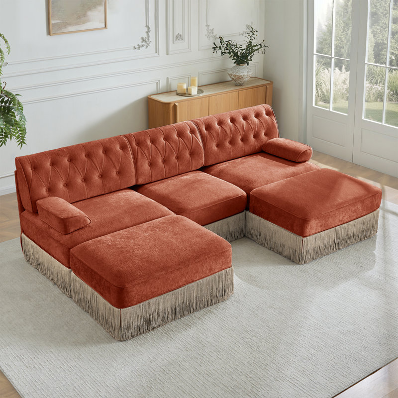 Canapé Chesterfield, H 34,2 po x l 106,1 po x P 60,3 po, Rouge / Brun, 3