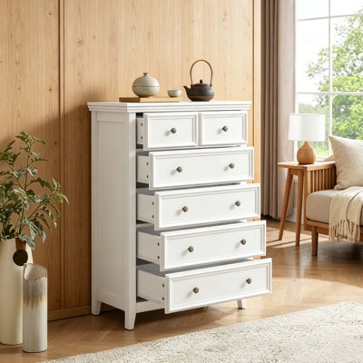 Commode blanche moderne à 6 tiroirs, commode de style campagnard avec boutons en bronze, grand rangement pour la chambre à coucher et le salon