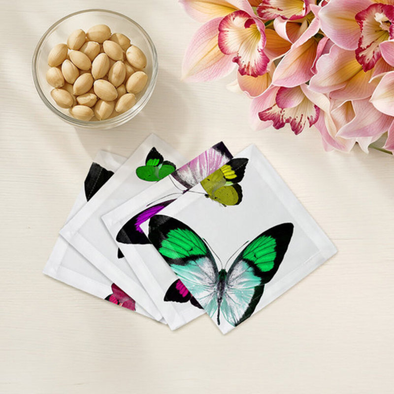 Butterflies Cotton Sateen Cocktail Napkins, Acid Green