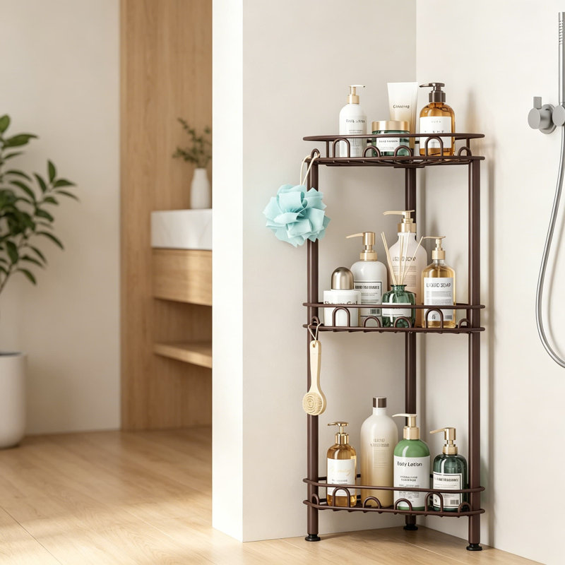Tablette de rangement de douche à 3 niveaux en acier inoxydable avec 12 crochets et patins adhésifs, Brown