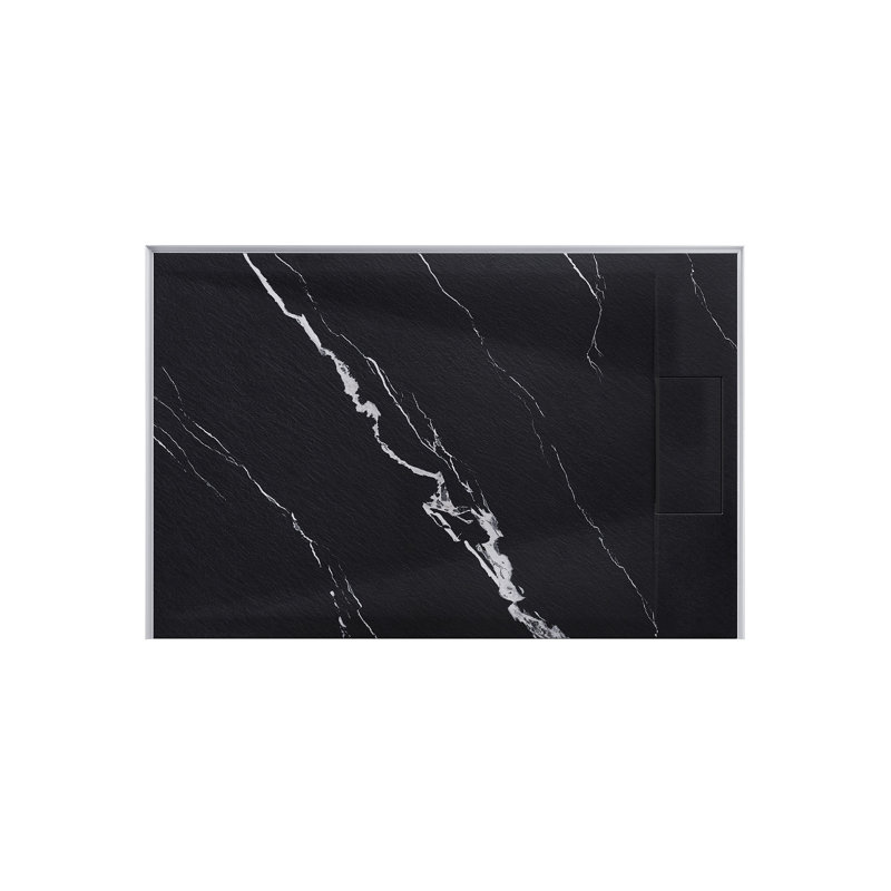 Receveur de douche rectangulaire extra-plat Lenora 122 cm x 81 cm avec bonde latérale dissimulée, noir Carrara, Carrara Black