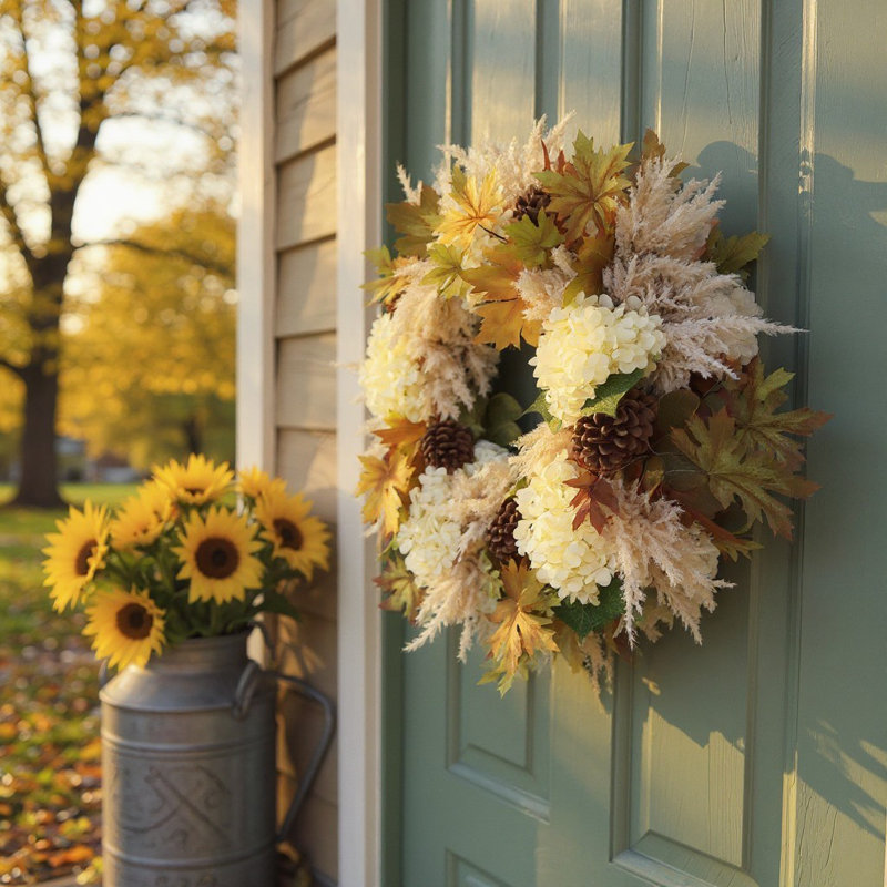 Fall Wreath with Hydrangeas, Leaves and Pampas