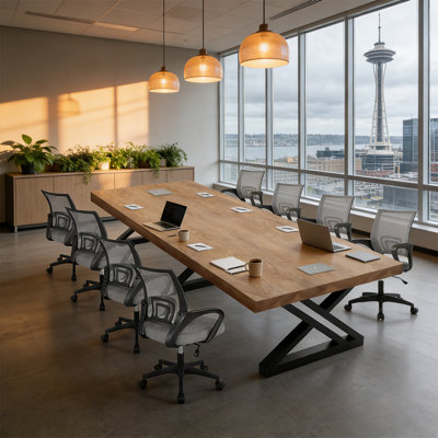 Table de conférence moderne à 8 places en bois massif industriel, jumelée à 8 chaises de bureau en filet respirant