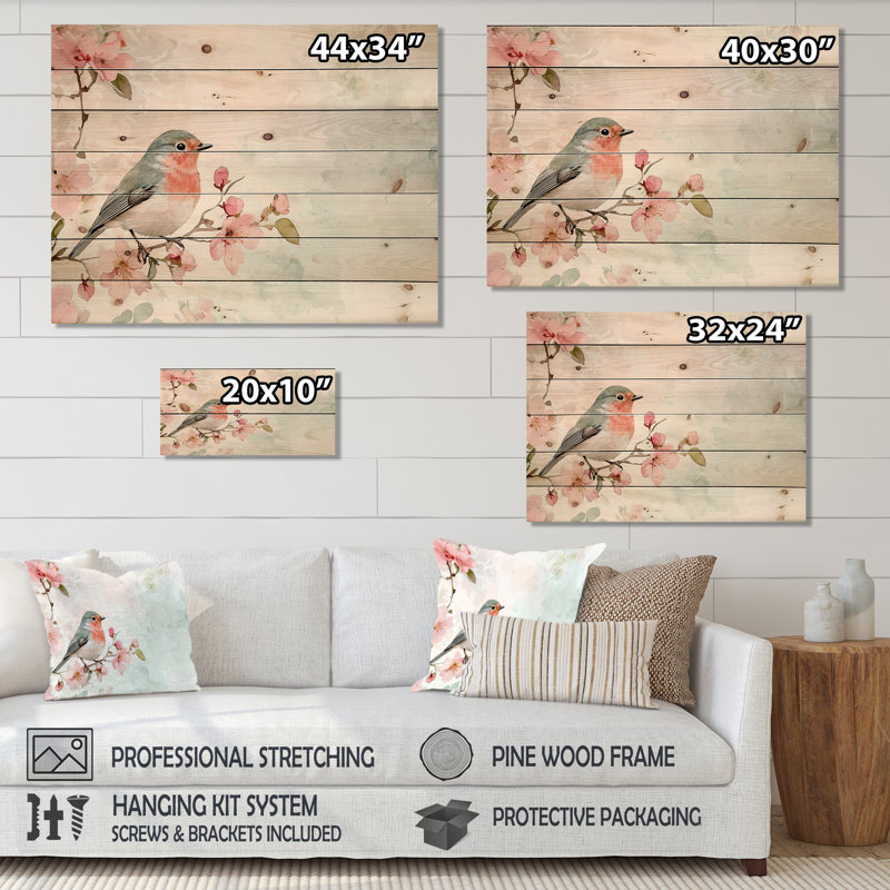 Oiseau Robin chantant dans le jardin II - impression moderne en bois rose sur bois de pin naturel, H 30 po x l 40 po