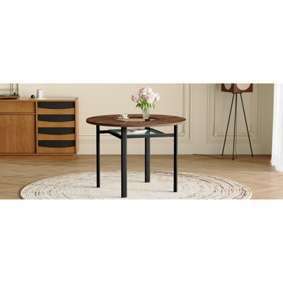 Table de salle à manger ronde moderne minimaliste de 42 po en grain de bois brun convenant à 4 à 6 personnes (incrustation de verre brun + support stable en métal, convient à de multiples cas de figure).