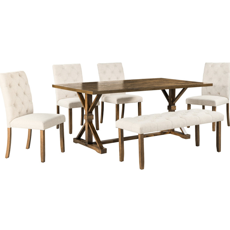 6 chaises avec table rectangulaire en noyer de 72 po, 4 chaises rembourrées rembourrées et un banc, chaises en bois, banc,