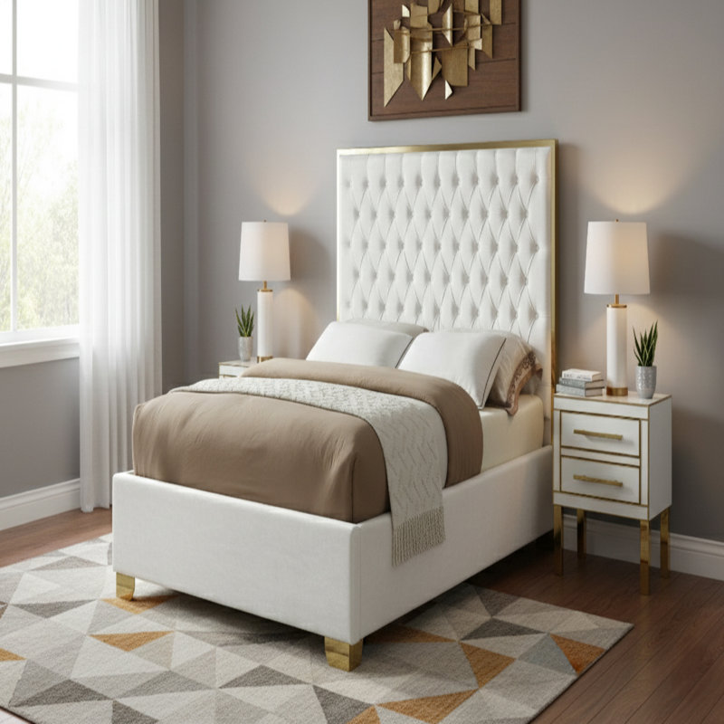 Spadaro Upholstered Platform Bed, White Velvet, Gold, Full