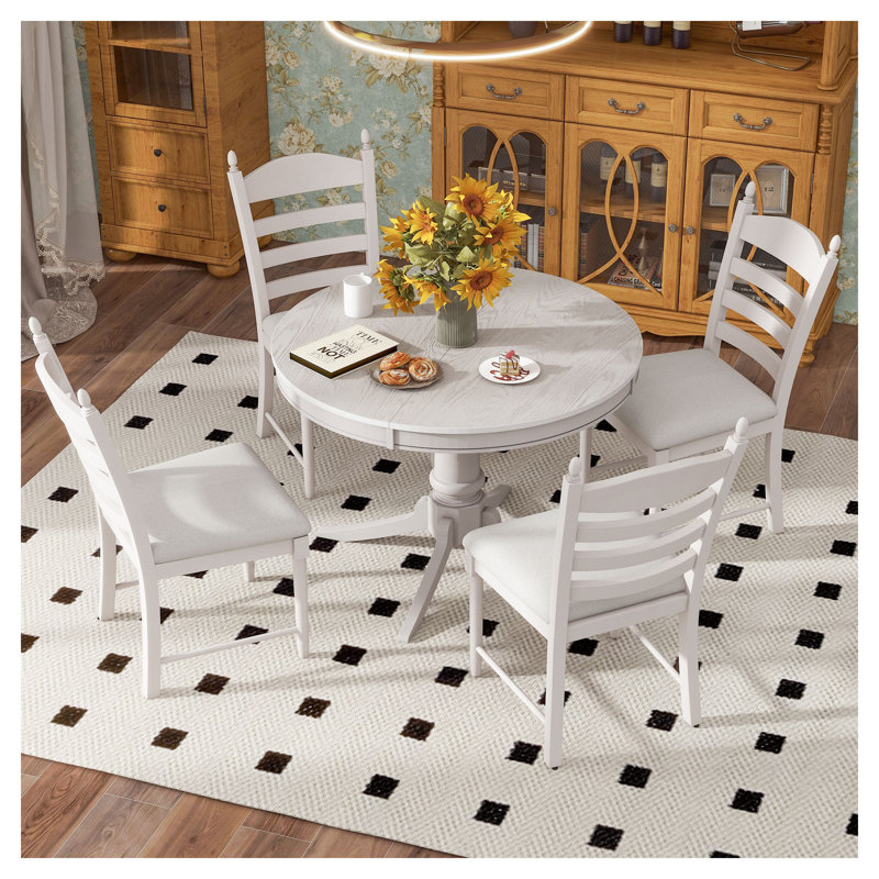Ensemble de table de salle à manger extensible 5 pièces Trexm, 5, Blanc, Gris, Blanc
