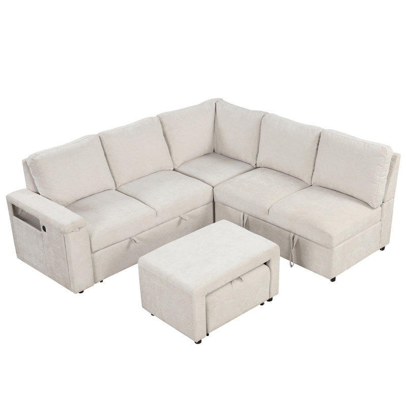 Élégant modulaire en forme de L avec rangement et entrées, pour différents espaces de vie, Polyester beige
