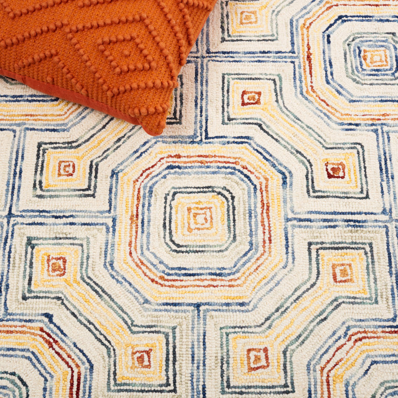 Tapis ivoire / bleu en laine touffeté à la main Deyoung, Rectangle 6 pi x 9 pi