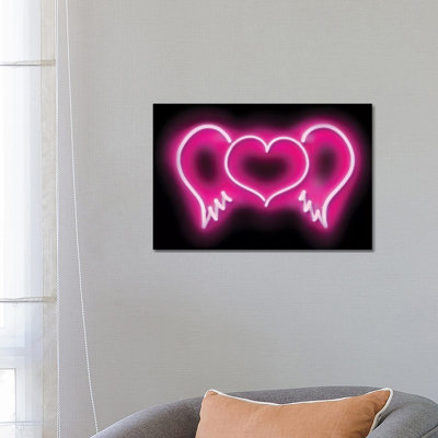 Neon Heart Wings Pink on Black 1 Piece Wrapped Canvas Wall Art