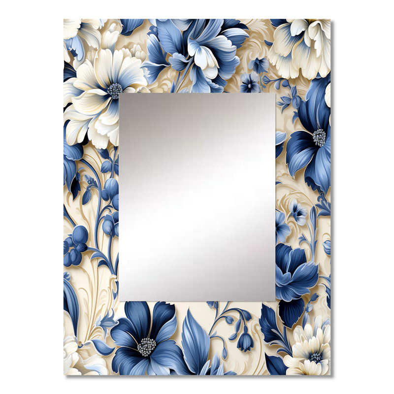 Horner victorien bleu et blanc fleurs damassé - miroir décoratif damassé, grand miroir mural damassé, impression sur métal