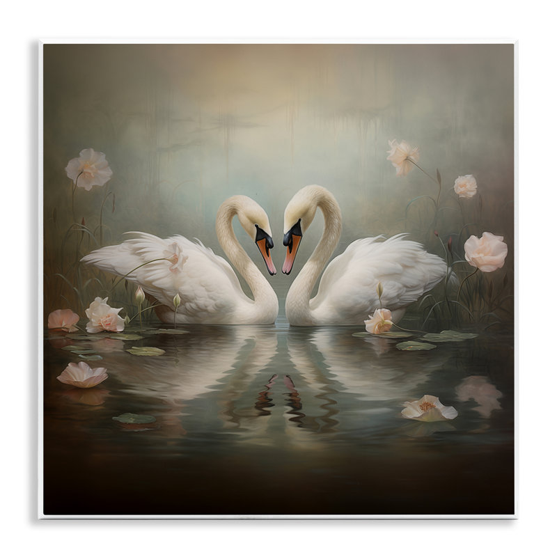 Plaque murale romantique avec cygnes romantiques dans un étang, design par Arlington Prints