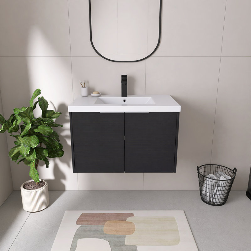Ensemble de meuble-lavabo mural simple 30 po avec lavabo en résine, H 19,38 po x l 30 po x P 18,18 po, Noir châtaignier