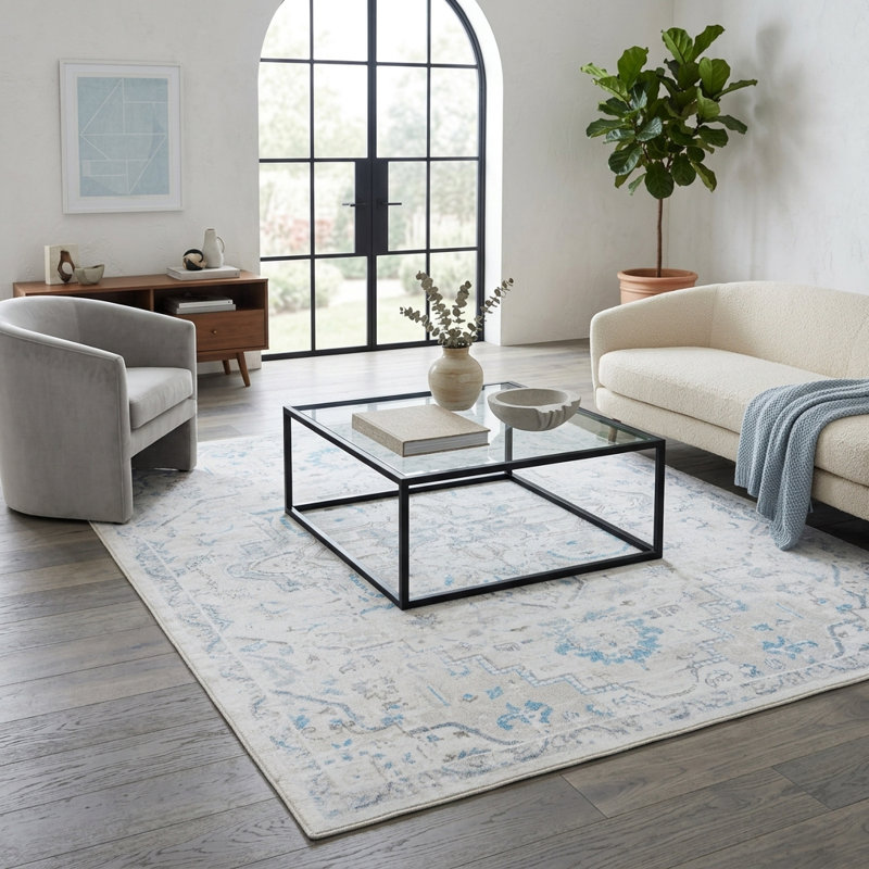 Non-Slip Machine Washable Oriental Area Rug in Blue/Cream/Gray for Living Room, Bedroom, Hallway Runner Indoor Rugs