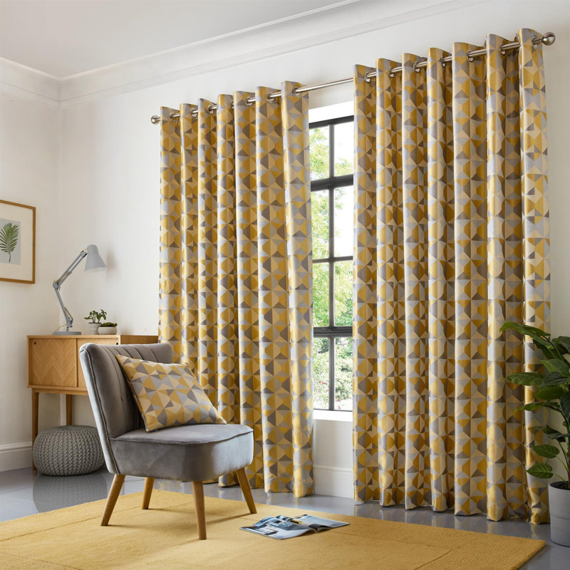 Stamper Semi Sheer Curtain Pair, 117 W x 137 D cm, Ochre/Silver