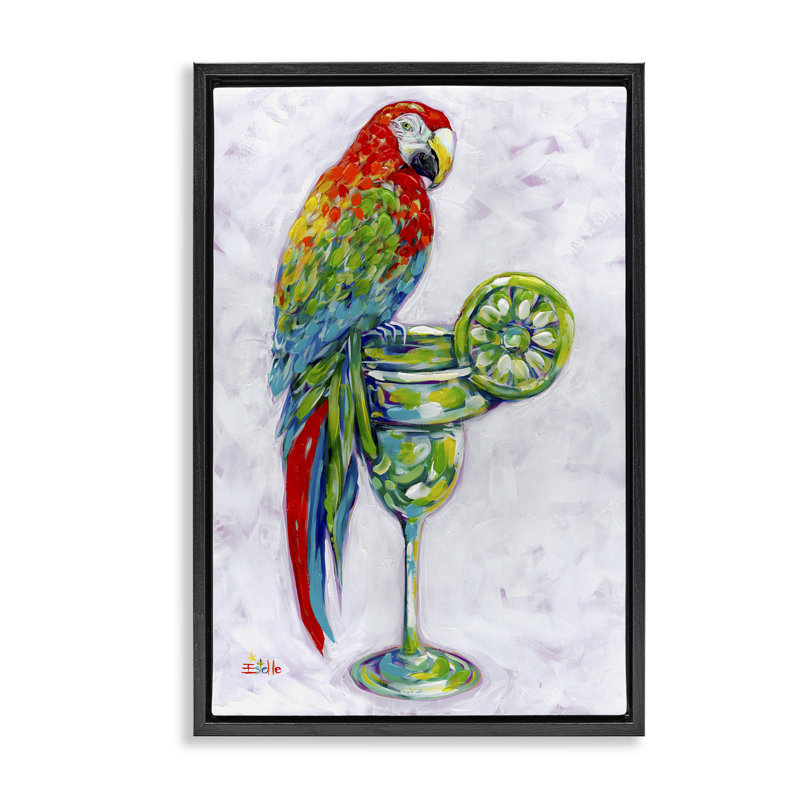 Toile perchée Margarita perroquet par Estelle Grengs, H 25 po x l 17 po, Cadre flottant noir de jais