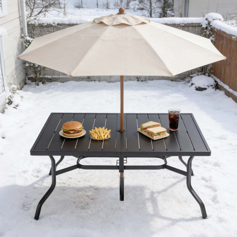 Table de salle à manger d'extérieur pour 6, plateau en lattes d'acier thermolaqué avec trou de parasol 2,16 po