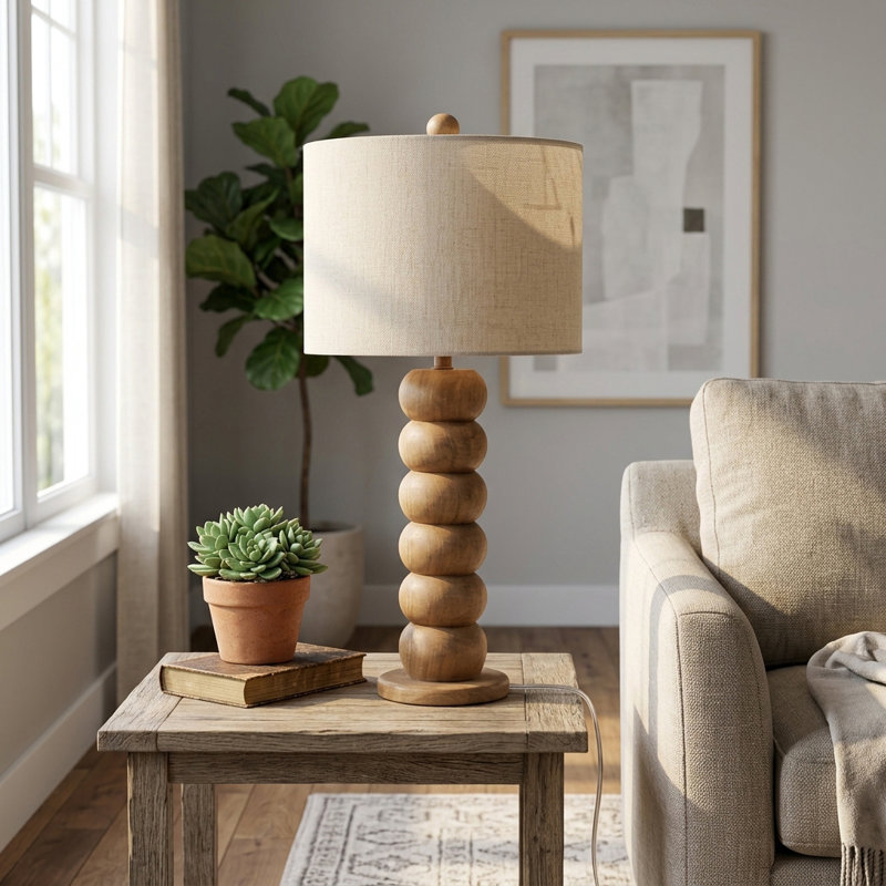 Lampe de table moderne en bois de manguier perlé avec abat-jour en coton pour le salon, petite lampe d'appoint rustique pour décor de chevet de chambre à coucher 27 po, brun
