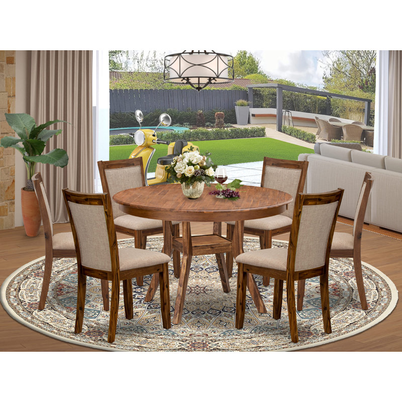 7-Pc Dining Set consists of a Pedestal Kitchen Table and 6 Light Tan Linen Fabric Upholstered Chairs with Padded Back- Antique Walnut