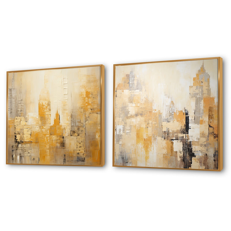 Ensemble de 2 blocs de paysage urbain moderne Skycraper II - collage de paysages abstraits carrés, Cadre flottant doré