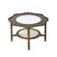 Table basse 31,5 pouces en forme de pétale noyer Mid-Century à 2 niveaux avec plateau en verre craquelé blanc et tablette en rotin