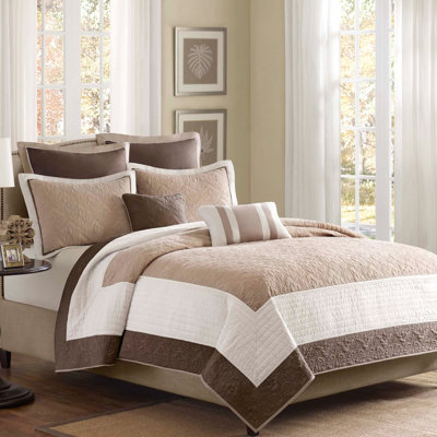 Couette 7 pièces beige grand lit/queen, matelassage médaillon, taies d'oreiller carrées, compressible et lavable, style polyvalent