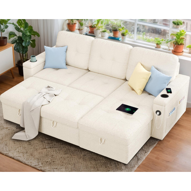 84 Inch Pull-Out Sleeper Sofa With Storage Chaise, Tufted L-Shaped Convertible Couch, 2 USB Ports & Cup Holders