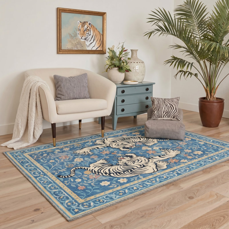 Tapis d'intérieur bleu / beige lavable à la machine avec envers antidérapant Teiarra Tigris, Rectangle 5 pi x 7 pi