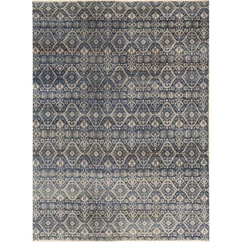 Tapis bleu foncé et gris noué à la main de haute qualité