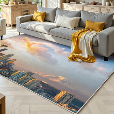 Blue Machine Washable,of Downtown Seattle Skyline Indoor Area Rug