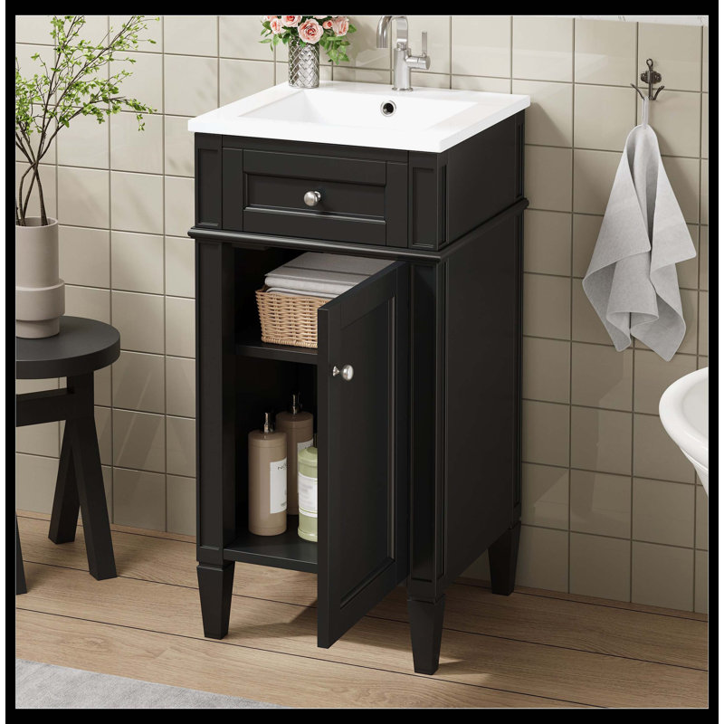 Meuble-lavabo autoportant de 16 po de style français avec lavabo en céramique, armoire simple avec porte à fermeture douce, tablette réglable et pieds pleins, noir