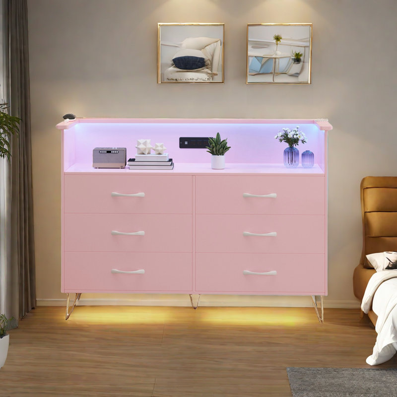 6 Drawer Dresser With Power Outlet & Led Light, Chest Of Double Wide Drawers, Pink