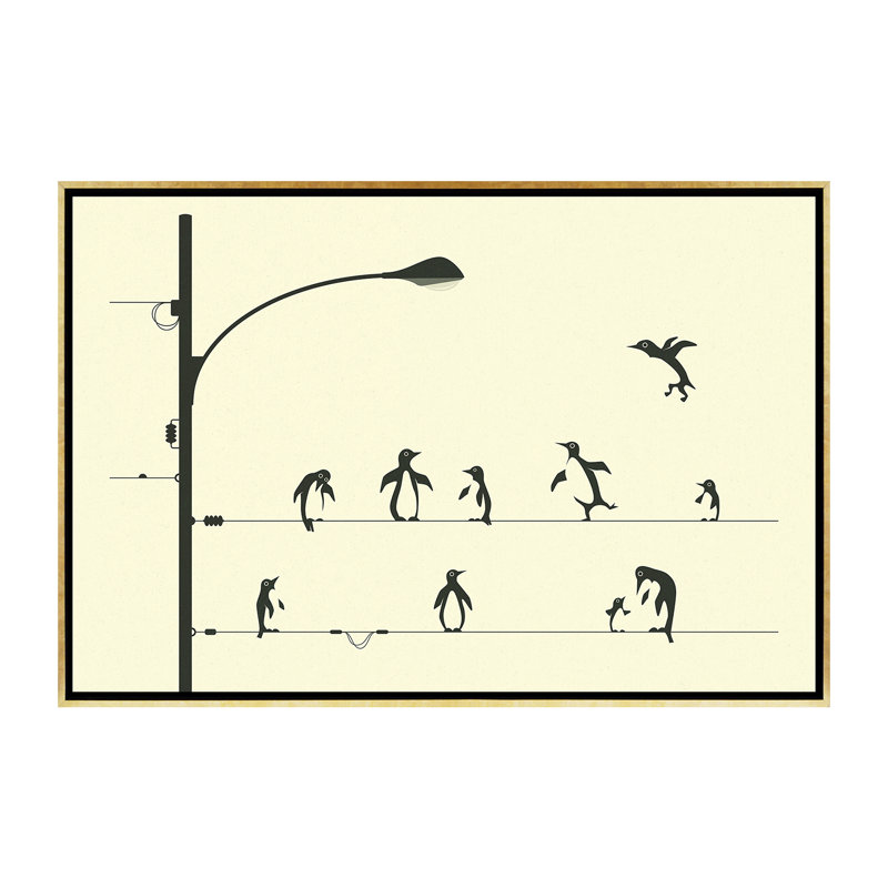 «Penguins on a Wire», art encadré, H 40 po x l 60 po x P 1,5 po, Toile encadrée d'or