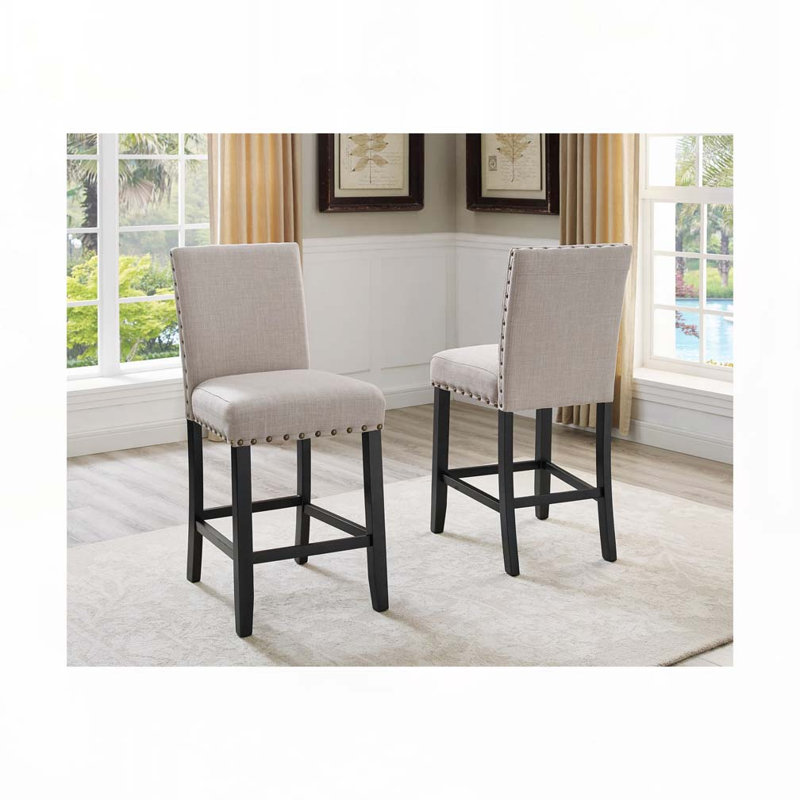 Fabric Upholstered Wood Bar Stools Set with Nailedhead Trim,Back, Beige