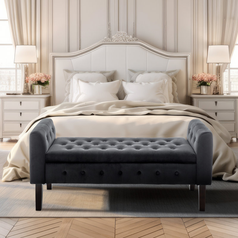 Banc de rangement en velours Granie avec pieds en bois, Noir