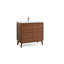 Meuble-lavabo autoportant moderne Zaren de 91 cm (36 pouces) en bois de cerisier brun, de marque Tennant, avec un seul lavabo et un dessus en céramique blanche, entièrement assemblé.