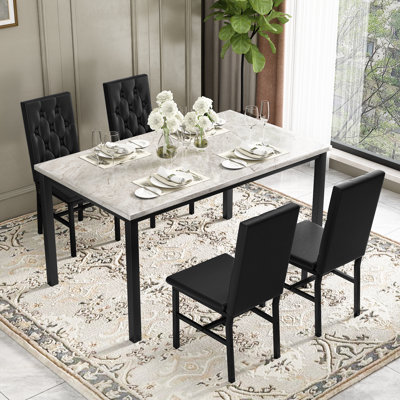  Ensemble de table de salle à manger pour 4 personnes, table de cuisine en faux marbre avec 4 chaises en cuir, ensembles de cuisine et de salle à manger modernes pour salle à manger, appartement, restaurant, boutons gris et noirs