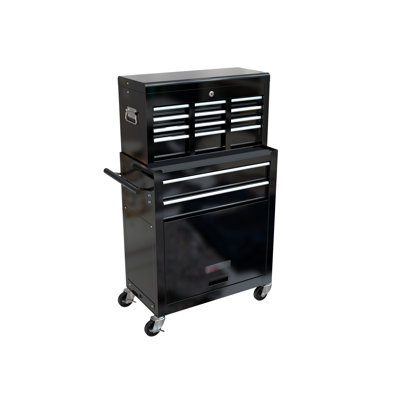 Coffre à outils à 8 tiroirs à grande capacité en noir, armoire en acier, 4 po, serrure centrale, tiroirs à roulement, surface de travail, rangement des crochets de suspension, poignée à tirer