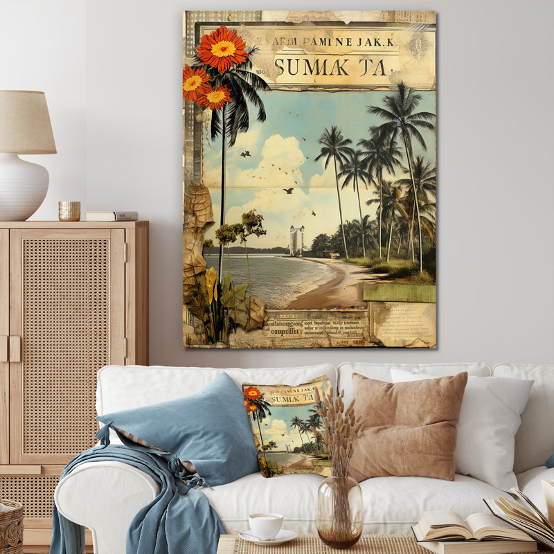 Collage rétro de palmiers de Floride et plage I sur toile rétro, Toile tendue, H 44 po x l 34 po x P 1,5 po