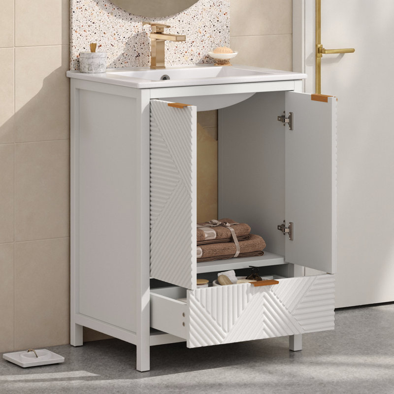 Meuble-lavabo moderne 24 po avec lavabo, portes texturées, tiroir à fermeture en douceur et grand espace de rangement - blanc